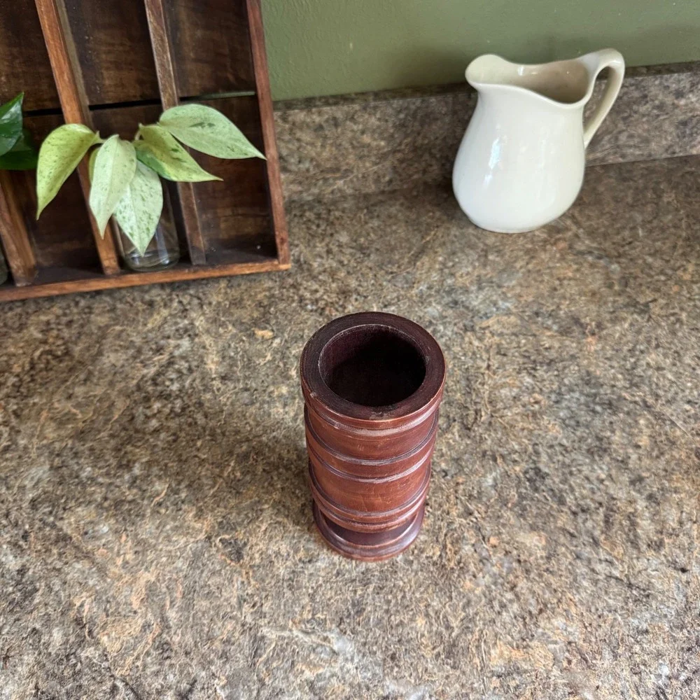 Vintage Hand Turned Wooden Bud Vase Ribbed Tiered Pedestal Brown Farmhouse Decor